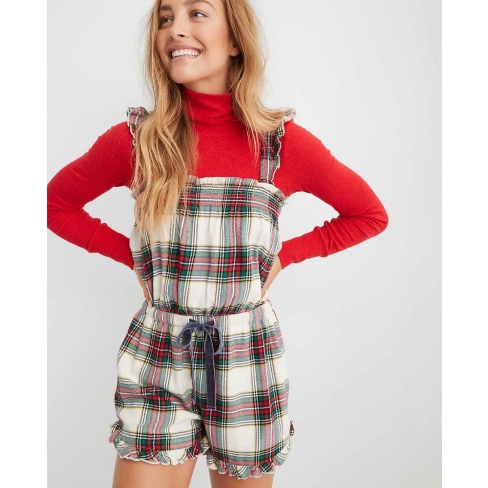 Aerie Plaid Flannel Pajama Romper Womens Medium Red Green Ruffle Cozy Holiday